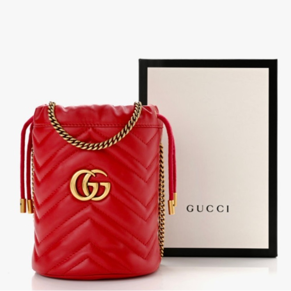 Gucci Calfskin Matelasse Mini GG Marmont 2.0 Bucket Bag Red